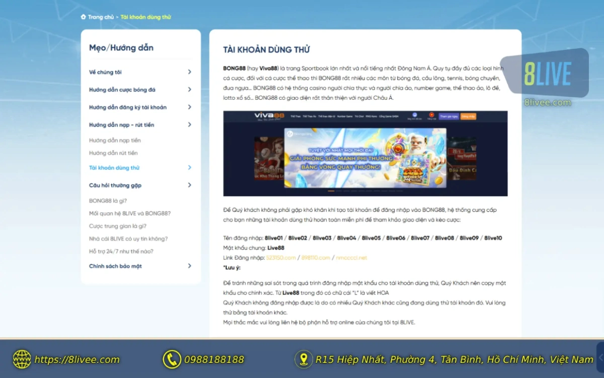 8Live - Trang chủ 20 8Live cung cấp tài khoản chơi thử hoàn toàn miễn phí