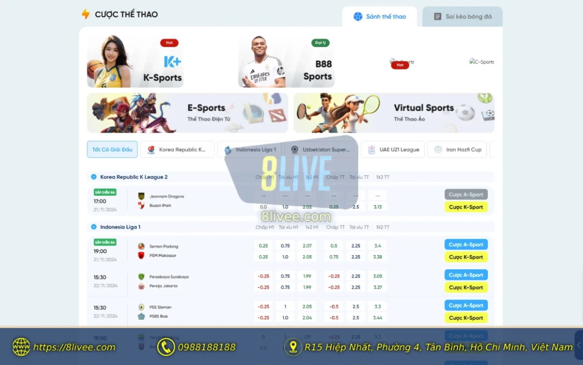 8Live - Trang chủ 21 Giao diện Sảnh Cược Thể Thao 8LIVE.