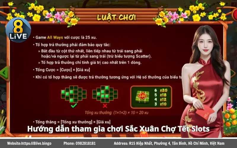 Sắc Xuân Chợ Tết Slots 8LIVE - Game nổ hũ đổi thưởng hấp dẫn 3 Luật chơi Sắc Xuân Chợ Tết Slots 8Live